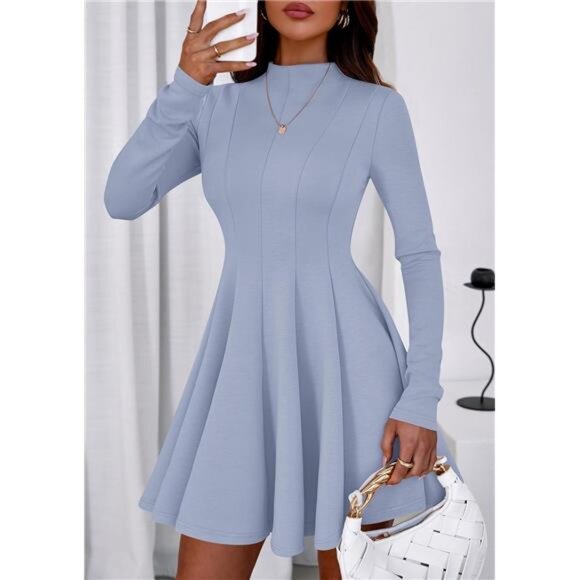 Women Elegant Swing A Line Ruffle Dress Blue - Picture 3 of 6